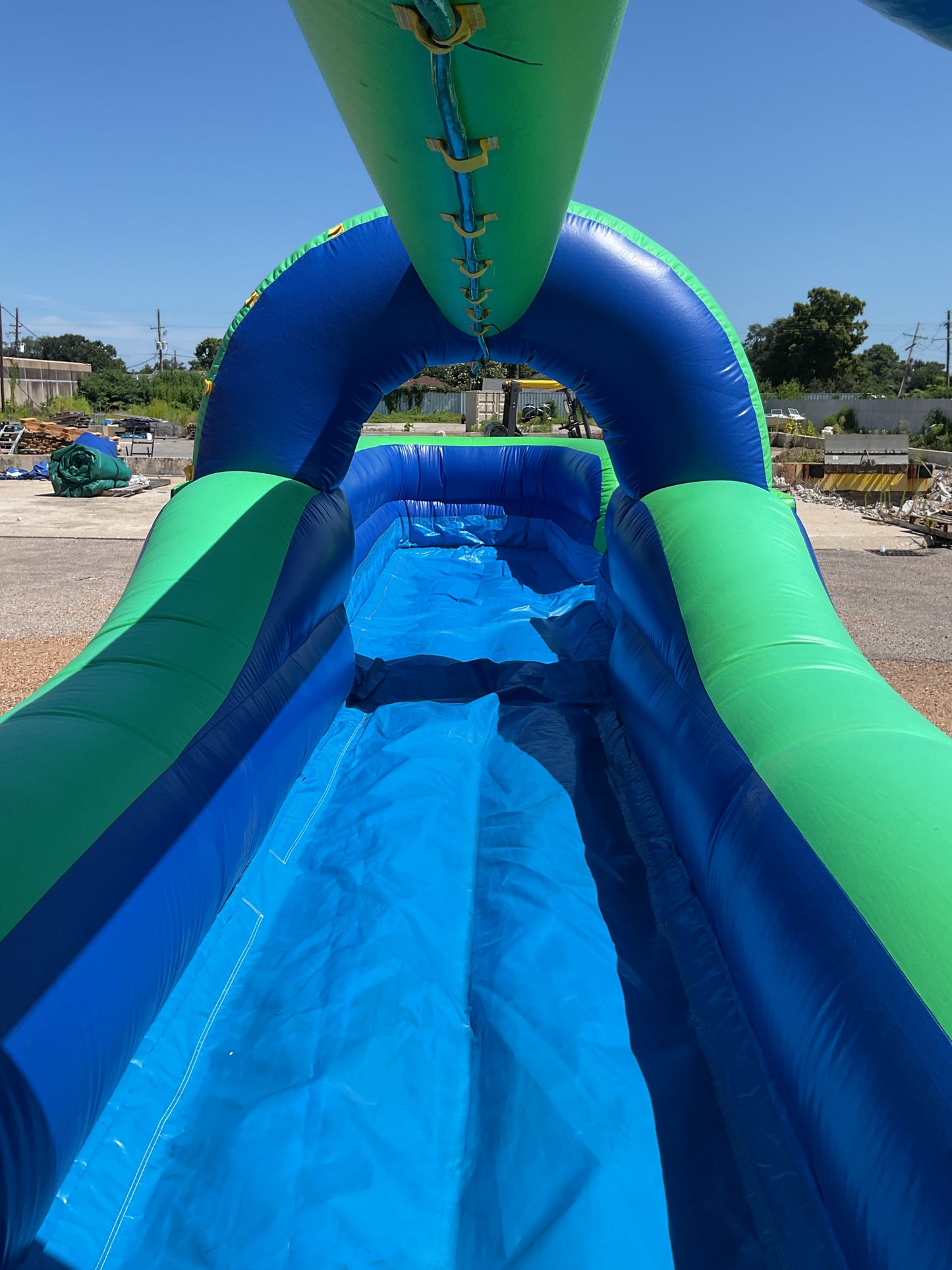Green Blue Slip-n-Slide with pool and landing attachment